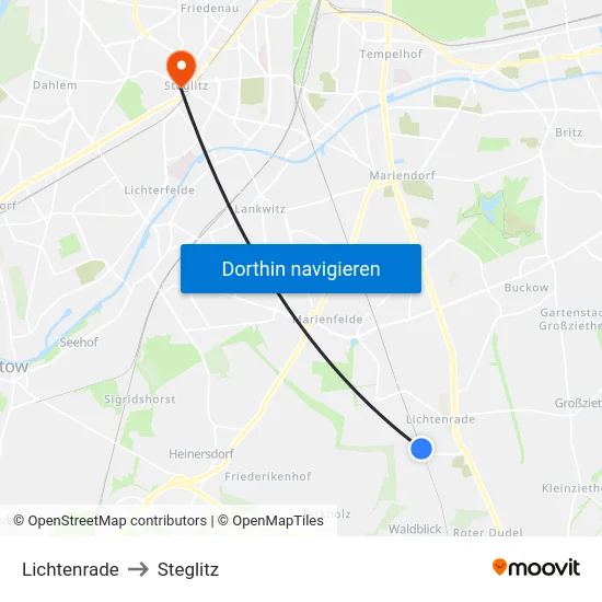 Lichtenrade to Steglitz map
