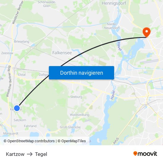 Kartzow to Tegel map