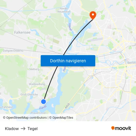 Kladow to Tegel map