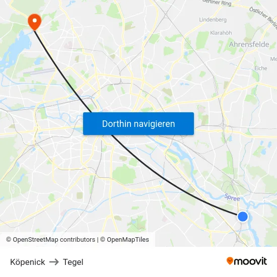 Köpenick to Tegel map