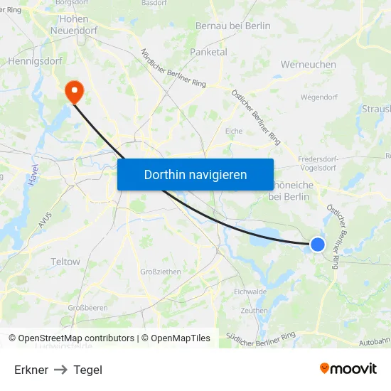Erkner to Tegel map