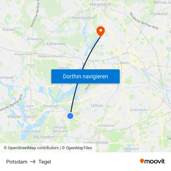Potsdam to Tegel map