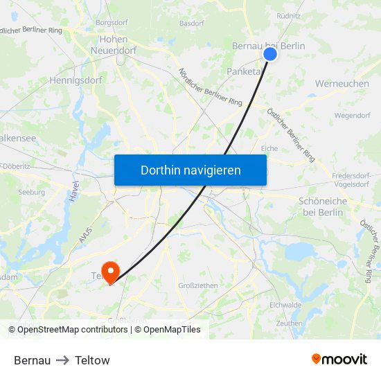 Bernau to Teltow map