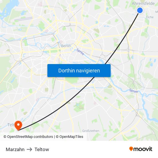 Marzahn to Teltow map