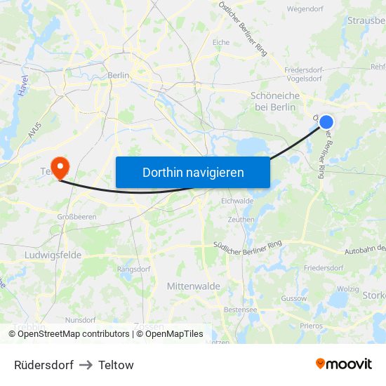 Rüdersdorf to Teltow map