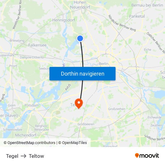 Tegel to Teltow map