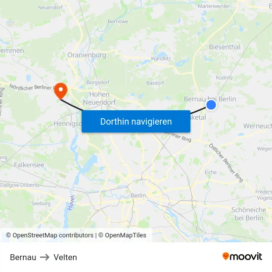 Bernau to Velten map