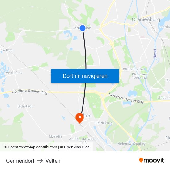 Germendorf to Velten map