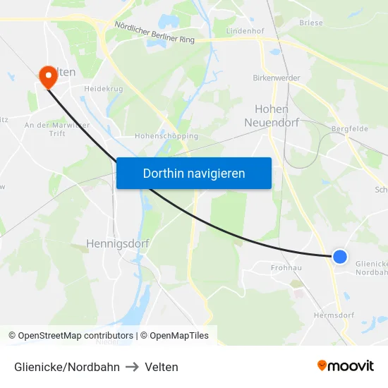 Glienicke/Nordbahn to Velten map