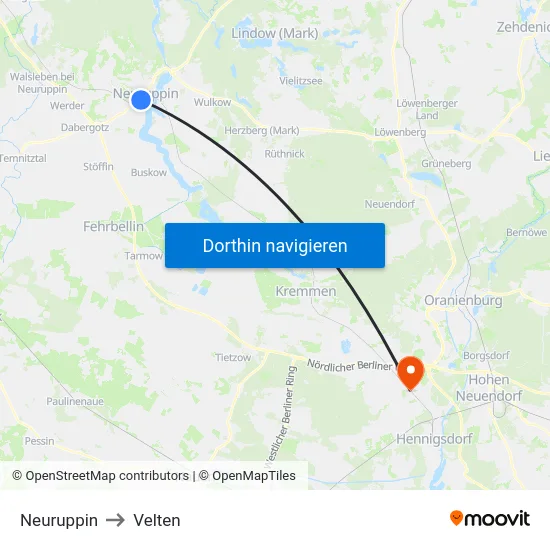 Neuruppin to Velten map