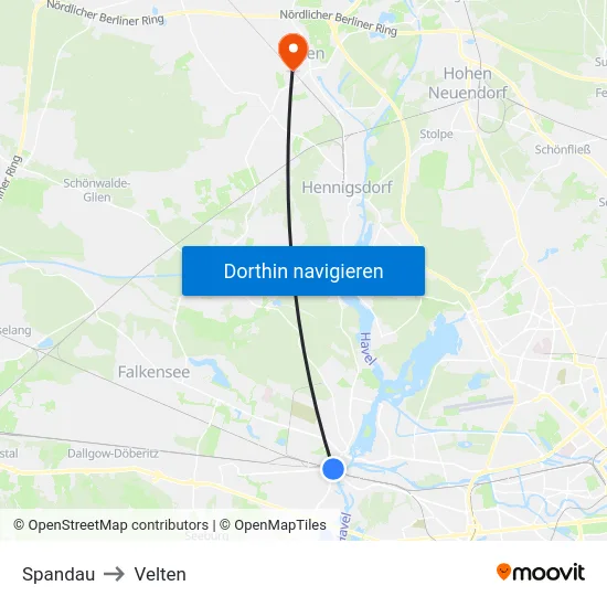 Spandau to Velten map