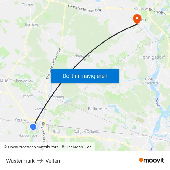 Wustermark to Velten map