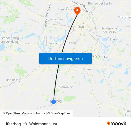 Jüterbog to Waidmannslust map