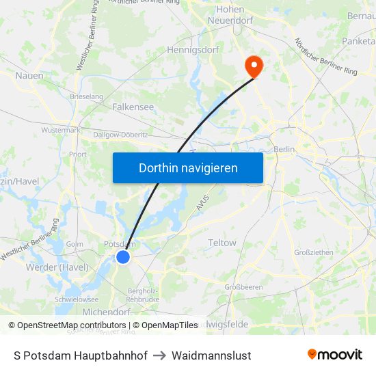 S Potsdam Hauptbahnhof to Waidmannslust map