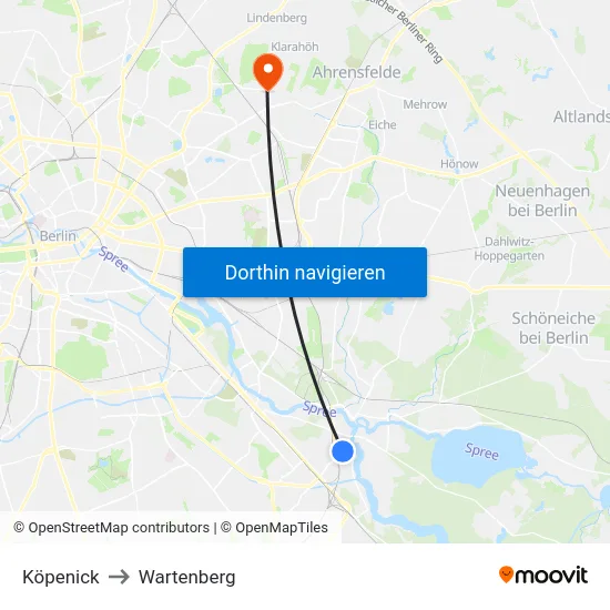Köpenick to Wartenberg map