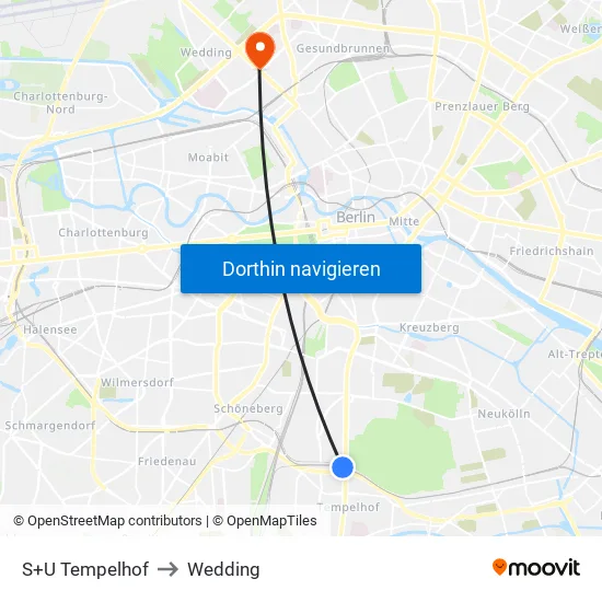 S+U Tempelhof to Wedding map