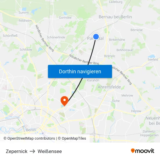 Zepernick to Weißensee map