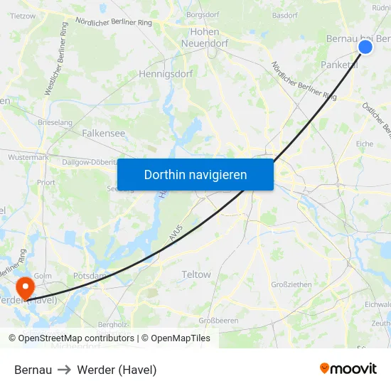 Bernau to Werder (Havel) map