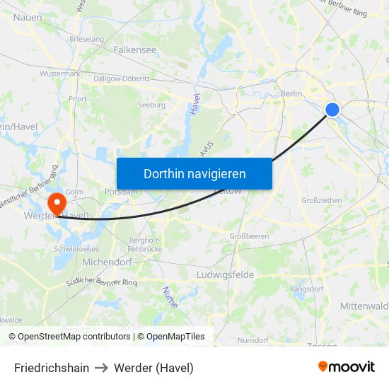 Friedrichshain to Werder (Havel) map