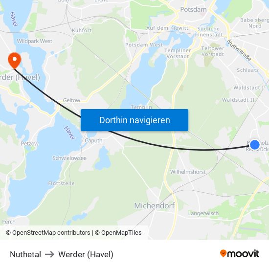 Nuthetal to Werder (Havel) map