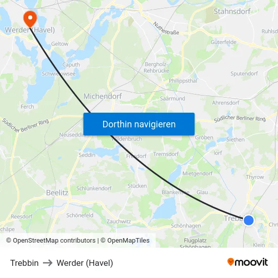 Trebbin to Werder (Havel) map