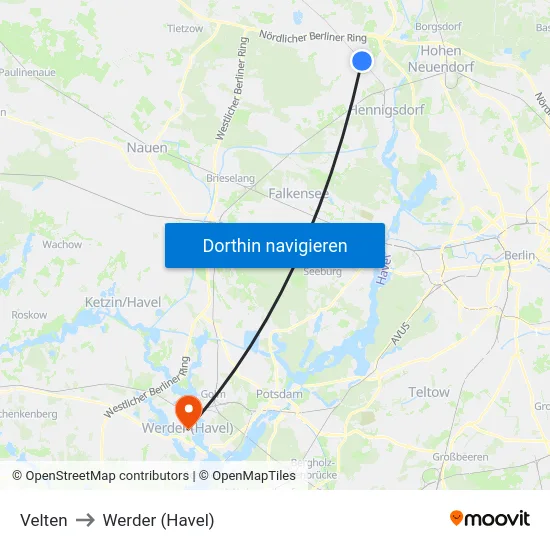 Velten to Werder (Havel) map