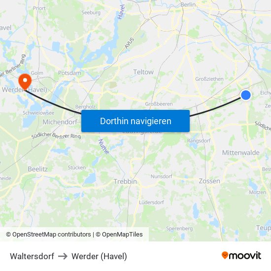 Waltersdorf to Werder (Havel) map