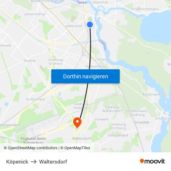 Köpenick to Waltersdorf map