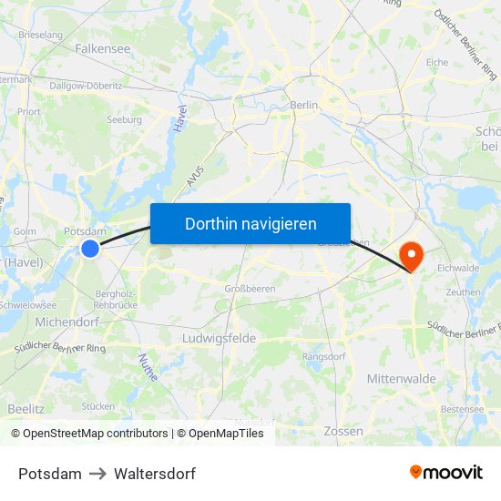 Potsdam to Waltersdorf map