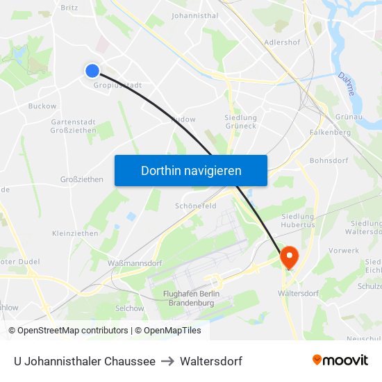 U Johannisthaler Chaussee to Waltersdorf map