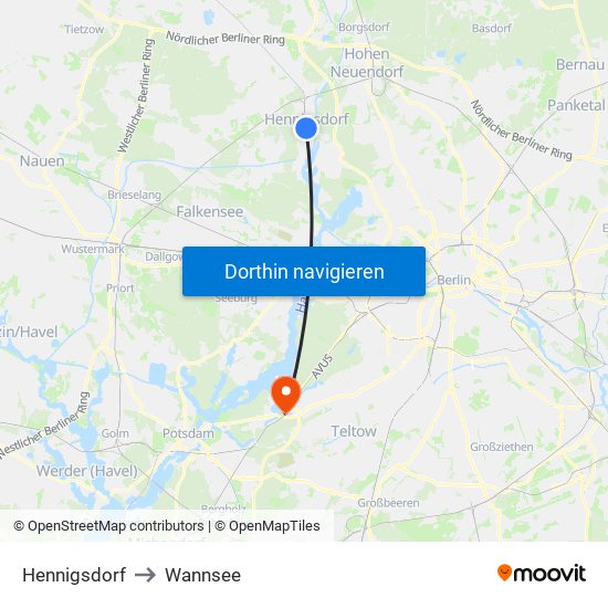 Hennigsdorf to Wannsee map