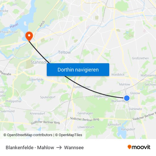 Blankenfelde - Mahlow to Wannsee map