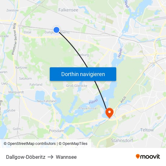 Dallgow-Döberitz to Wannsee map