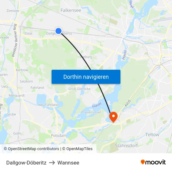 Dallgow-Döberitz to Wannsee map