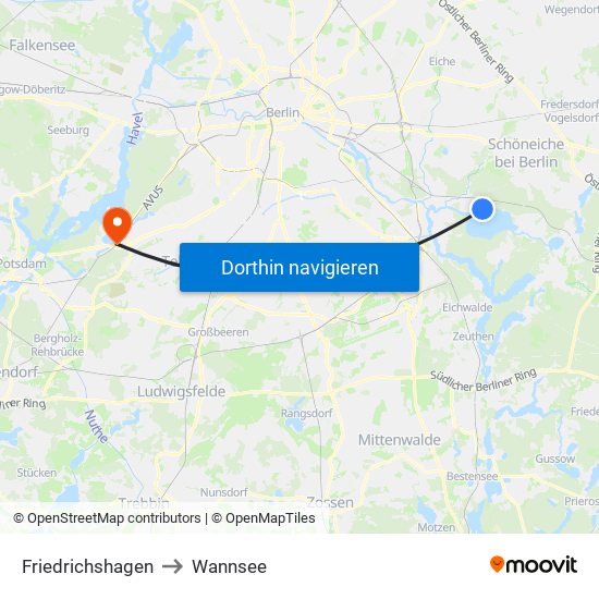 Friedrichshagen to Wannsee map