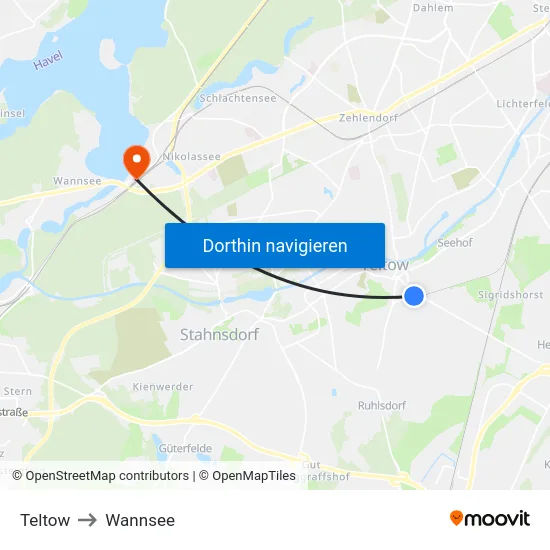 Teltow to Wannsee map