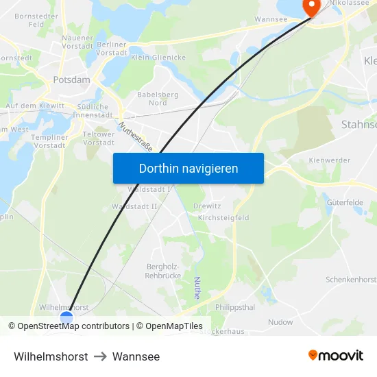 Wilhelmshorst to Wannsee map