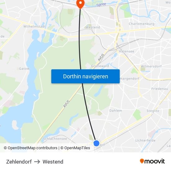 Zehlendorf to Westend map