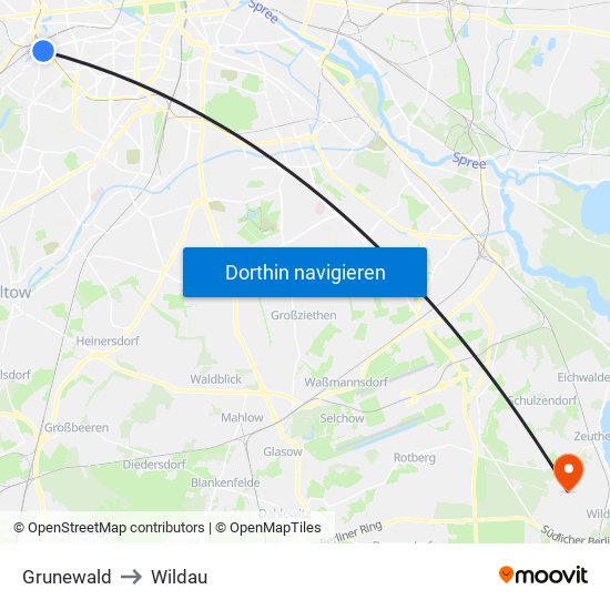 Grunewald to Wildau map