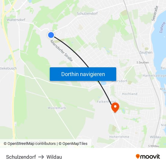 Schulzendorf to Wildau map