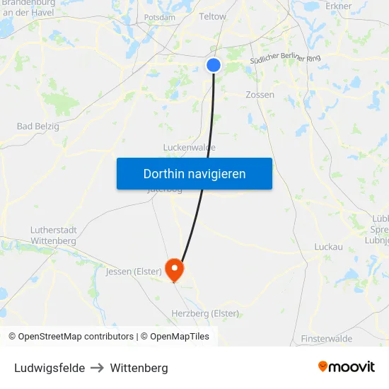 Ludwigsfelde to Wittenberg map
