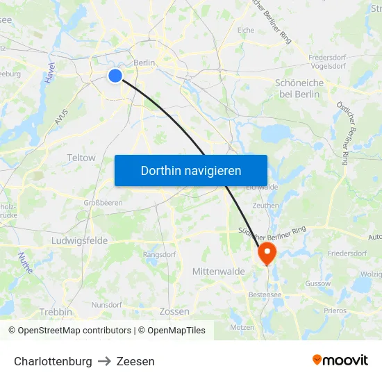 Charlottenburg to Zeesen map