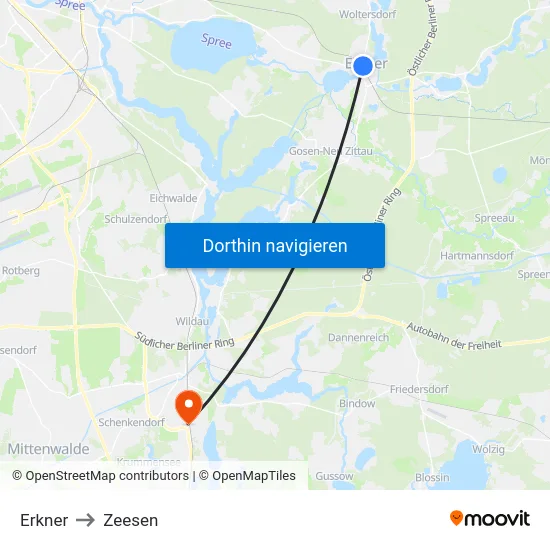 Erkner to Zeesen map
