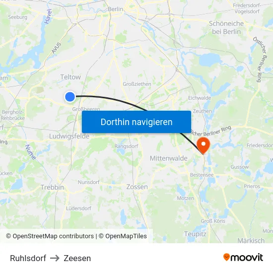 Ruhlsdorf to Zeesen map