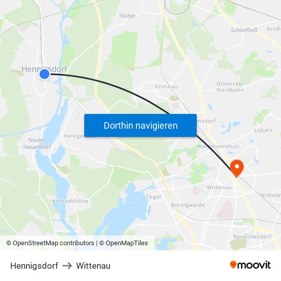 Hennigsdorf to Wittenau map