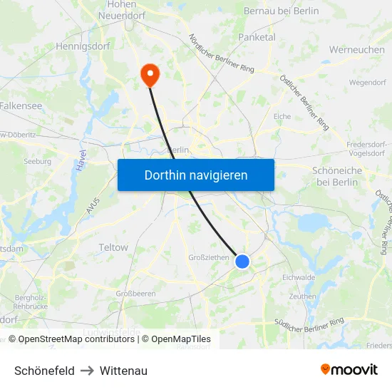 Schönefeld to Wittenau map