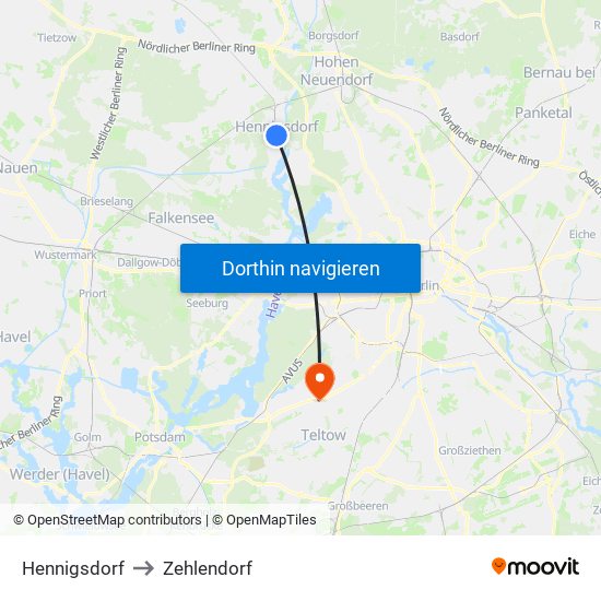 Hennigsdorf to Zehlendorf map