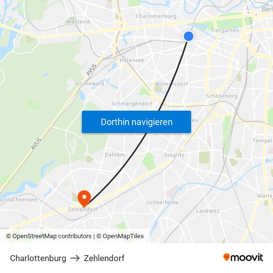 Charlottenburg to Zehlendorf map