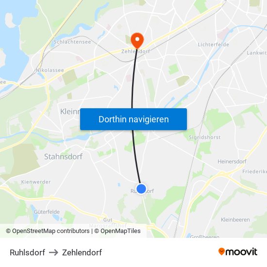 Ruhlsdorf to Zehlendorf map