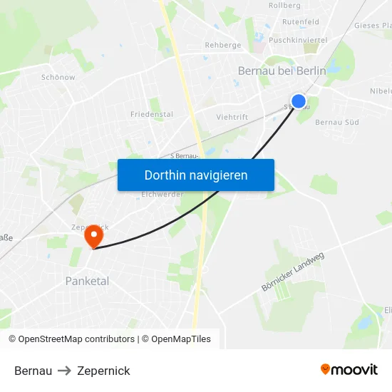 Bernau to Zepernick map